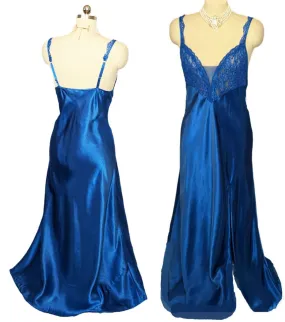 *  GLAMOROUS VINTAGE VICTORIA'S SECRET SATIN BIAS CUT NIGHTGOWN IN SAPPHIRE