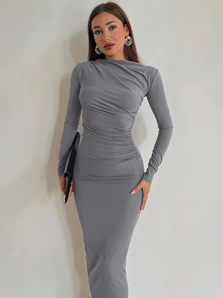 2024 Spring New O Neck Ruched Fashion Long Bodycon Dress