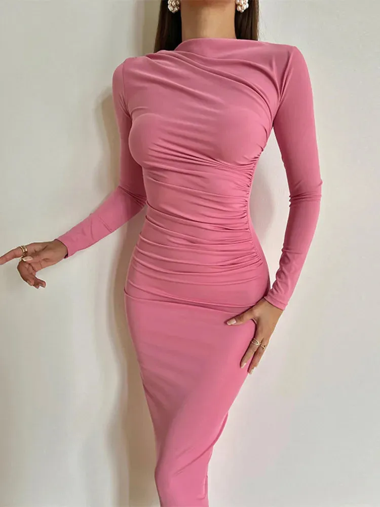 2024 Spring New O Neck Ruched Fashion Long Bodycon Dress