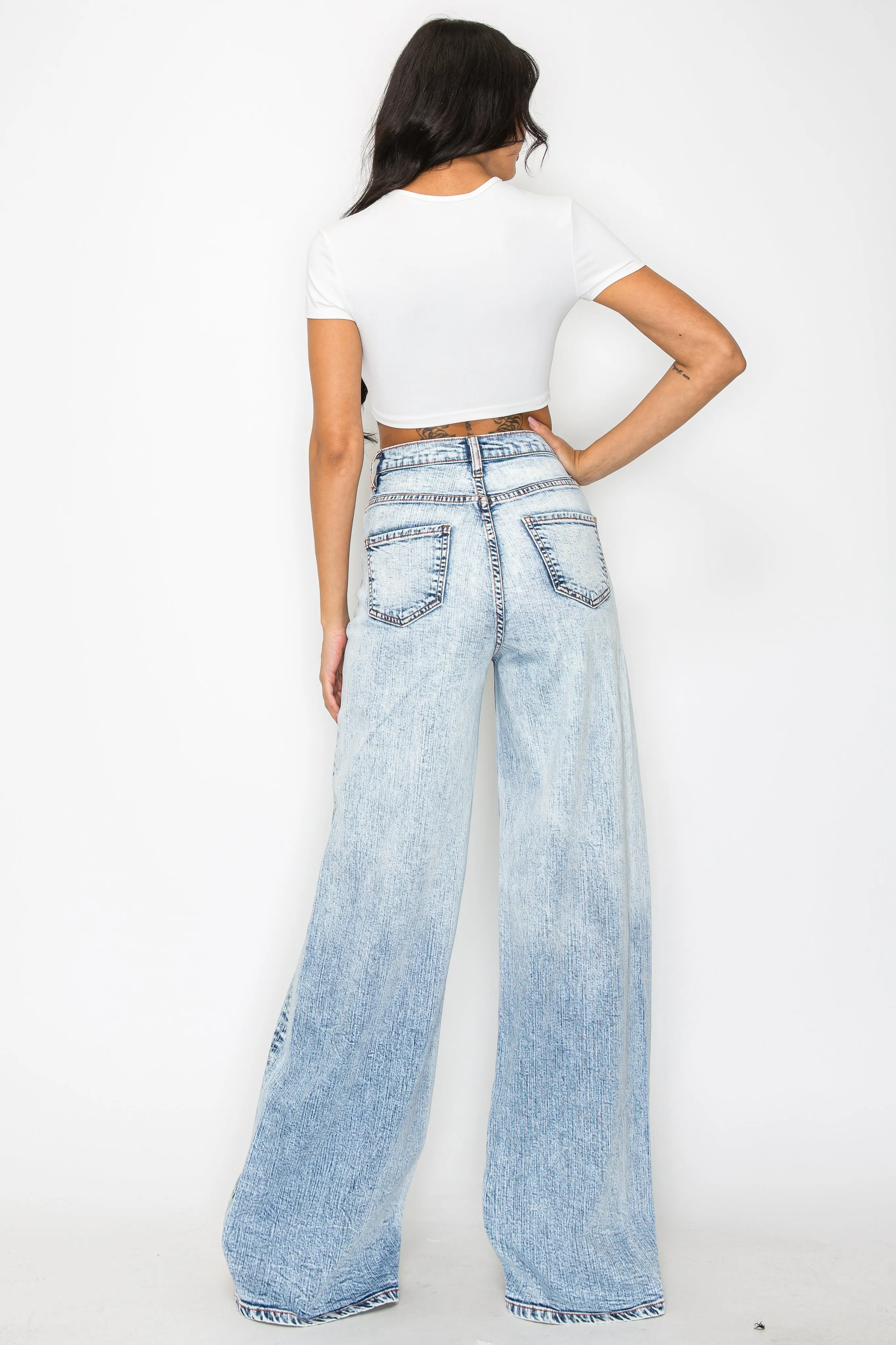 40734 High Rise Acid Washed Down Wide Leg Jeans