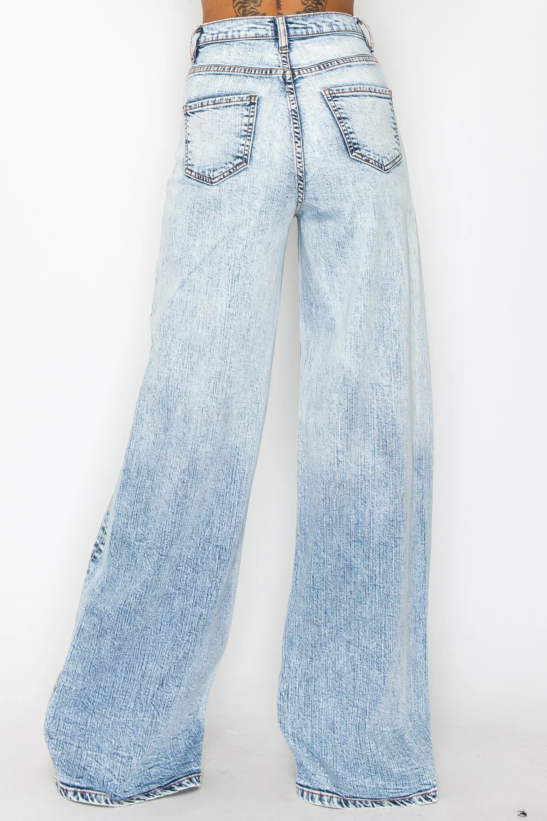 40734 High Rise Acid Washed Down Wide Leg Jeans