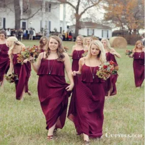 A-Line Spaghetti Strap Pleated Burgundy Chiffon Bridesmaid Dresses, TYP1860