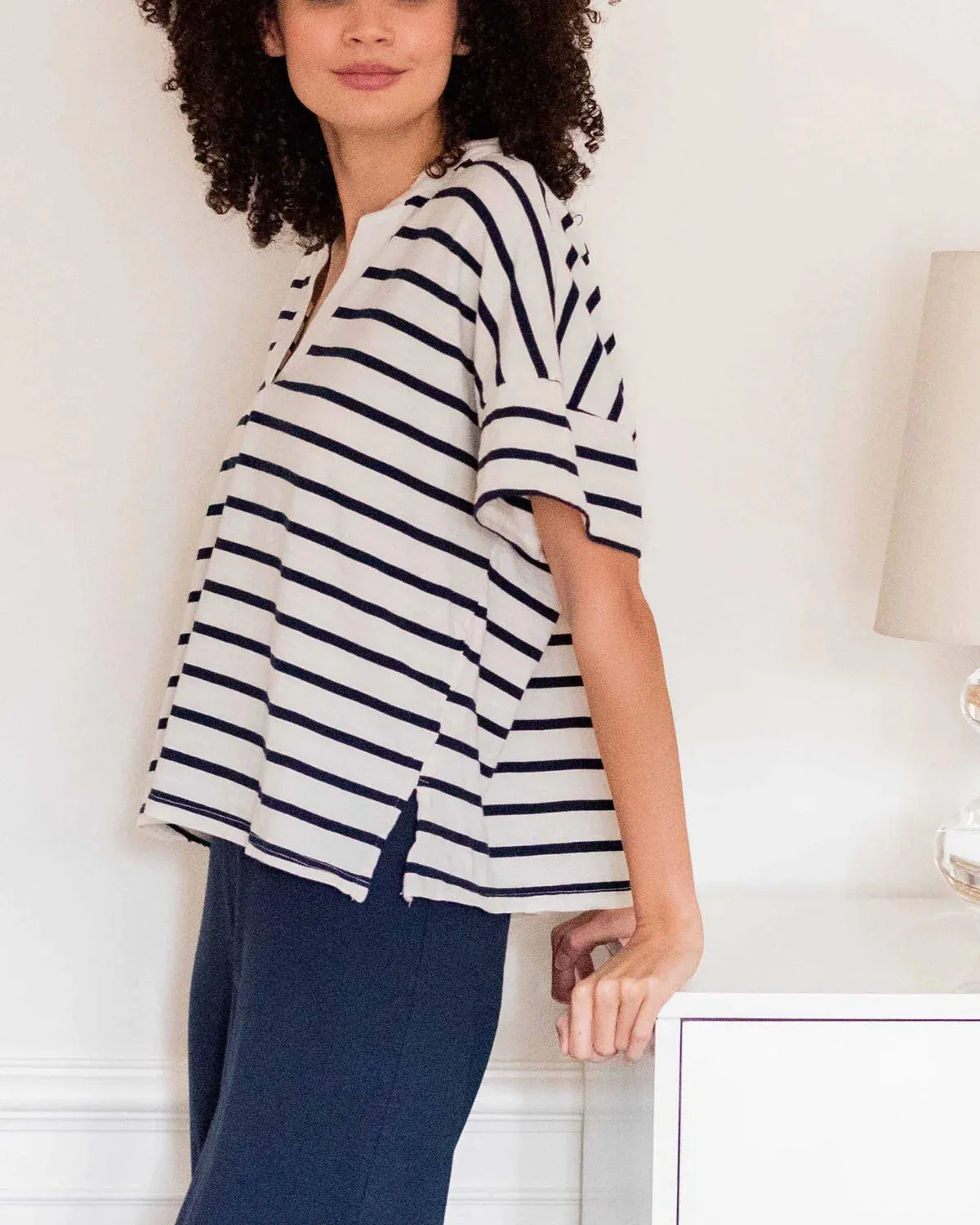 Amelia Short Sleeve Tee in Cream/Navy Stripe