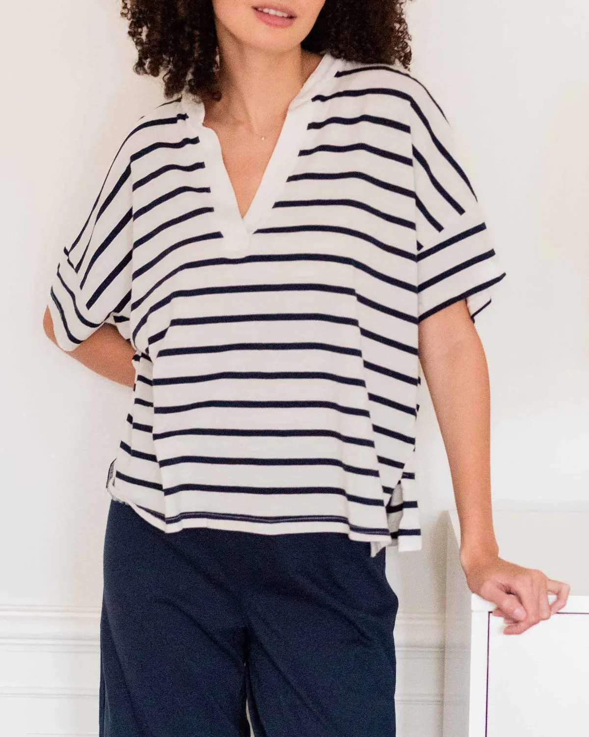 Amelia Short Sleeve Tee in Cream/Navy Stripe