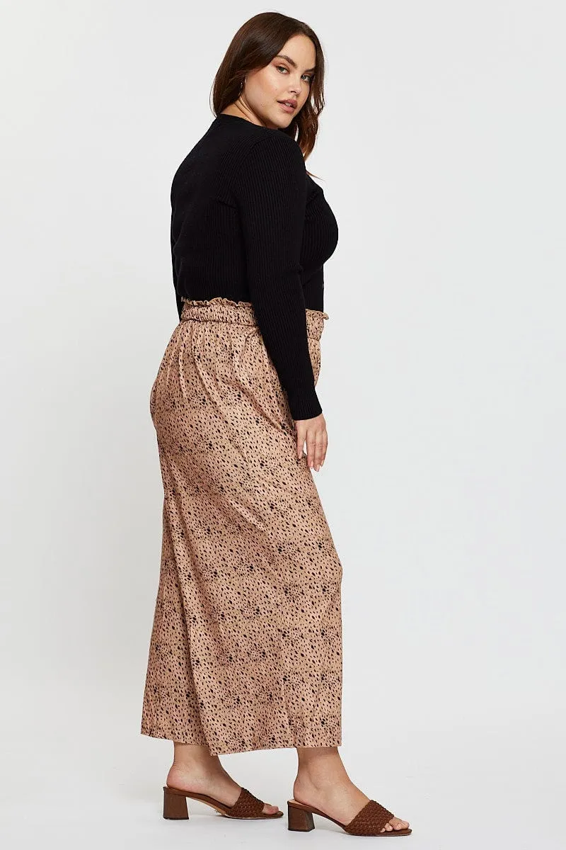 Animal Print Wide Leg Pants High Rise Shirred Waist