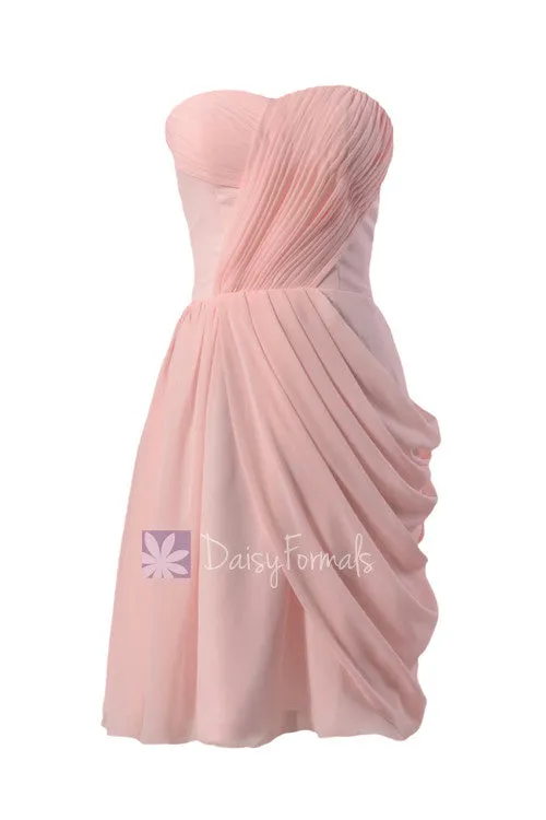 Asymmetric Pastel Pink Chiffon Party Dress Sweetheart Knee Length Pink Bridesmaid Dress(BM810)