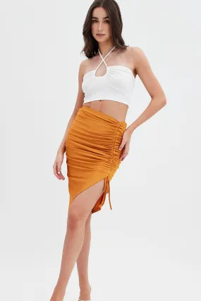 Beige Ruched Midi Skirt