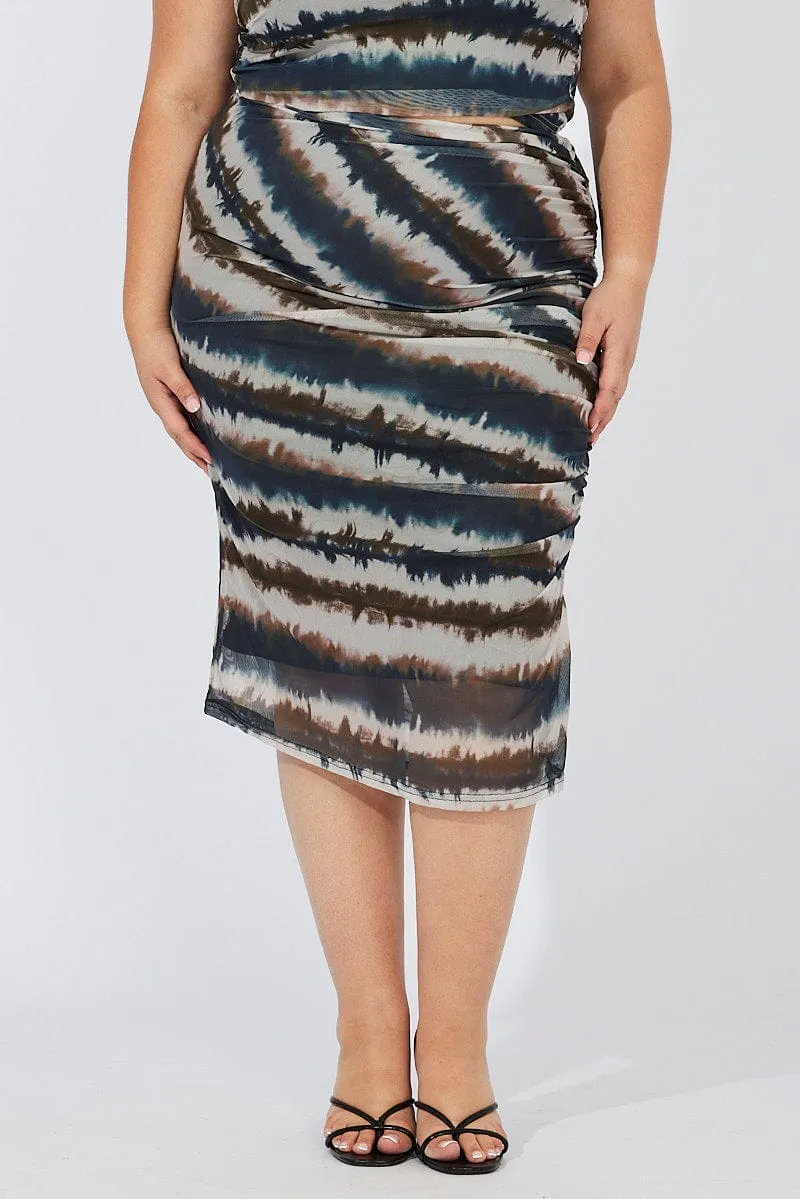 Black Abstract Ruched Split Mesh Skirt