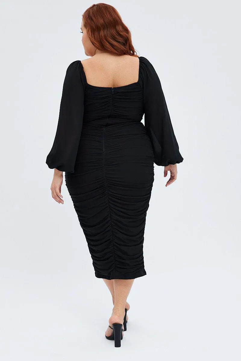 Black Bodycon Dress Mesh Balloon Sleeve Ruched Midi