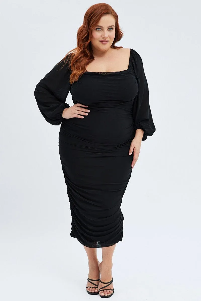 Black Bodycon Dress Mesh Balloon Sleeve Ruched Midi