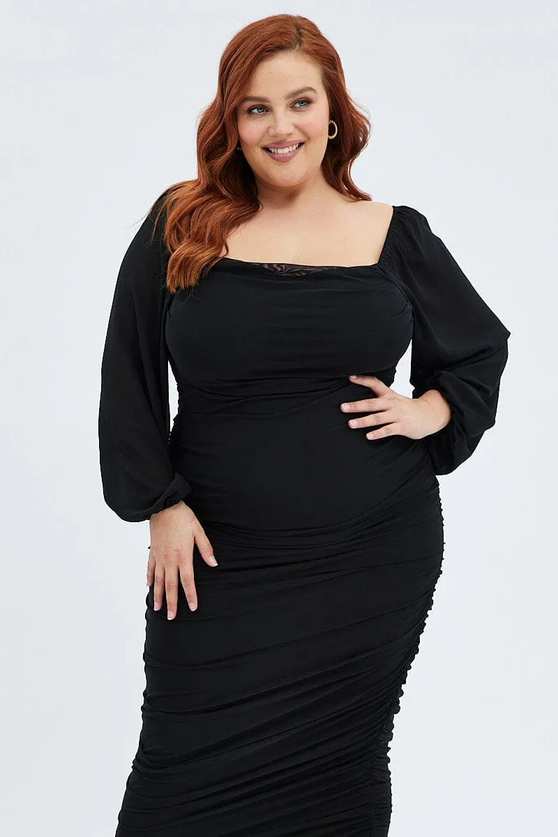 Black Bodycon Dress Mesh Balloon Sleeve Ruched Midi