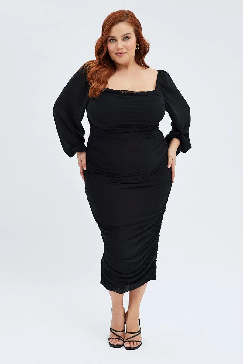 Black Bodycon Dress Mesh Balloon Sleeve Ruched Midi