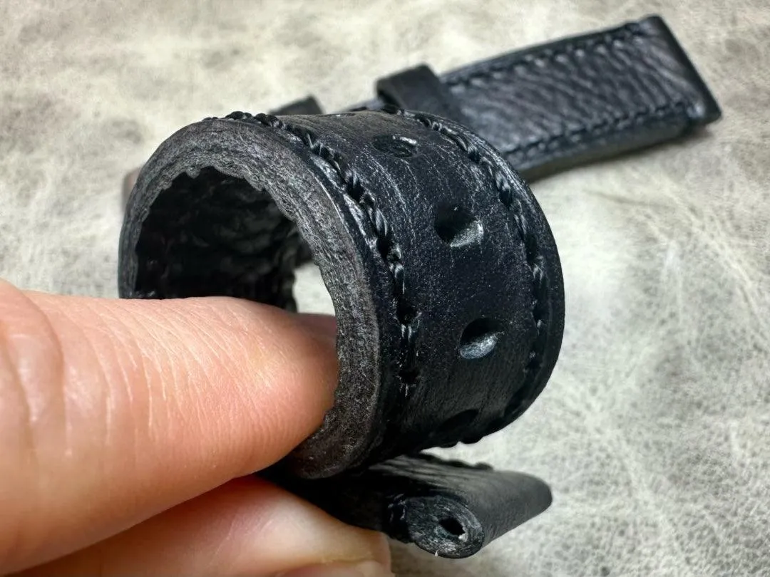 Black Leather Watch Strap and Black Stitches Pebbled First Layer Cowhide 20mm 22mm