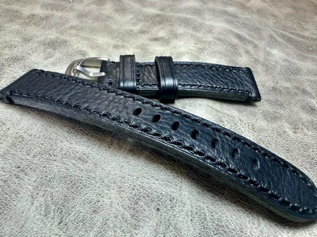 Black Leather Watch Strap and Black Stitches Pebbled First Layer Cowhide 20mm 22mm