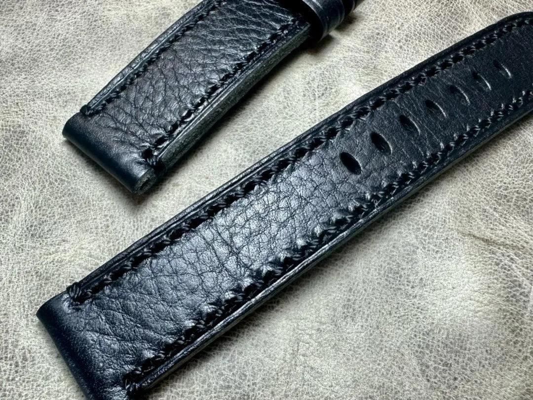 Black Leather Watch Strap and Black Stitches Pebbled First Layer Cowhide 20mm 22mm