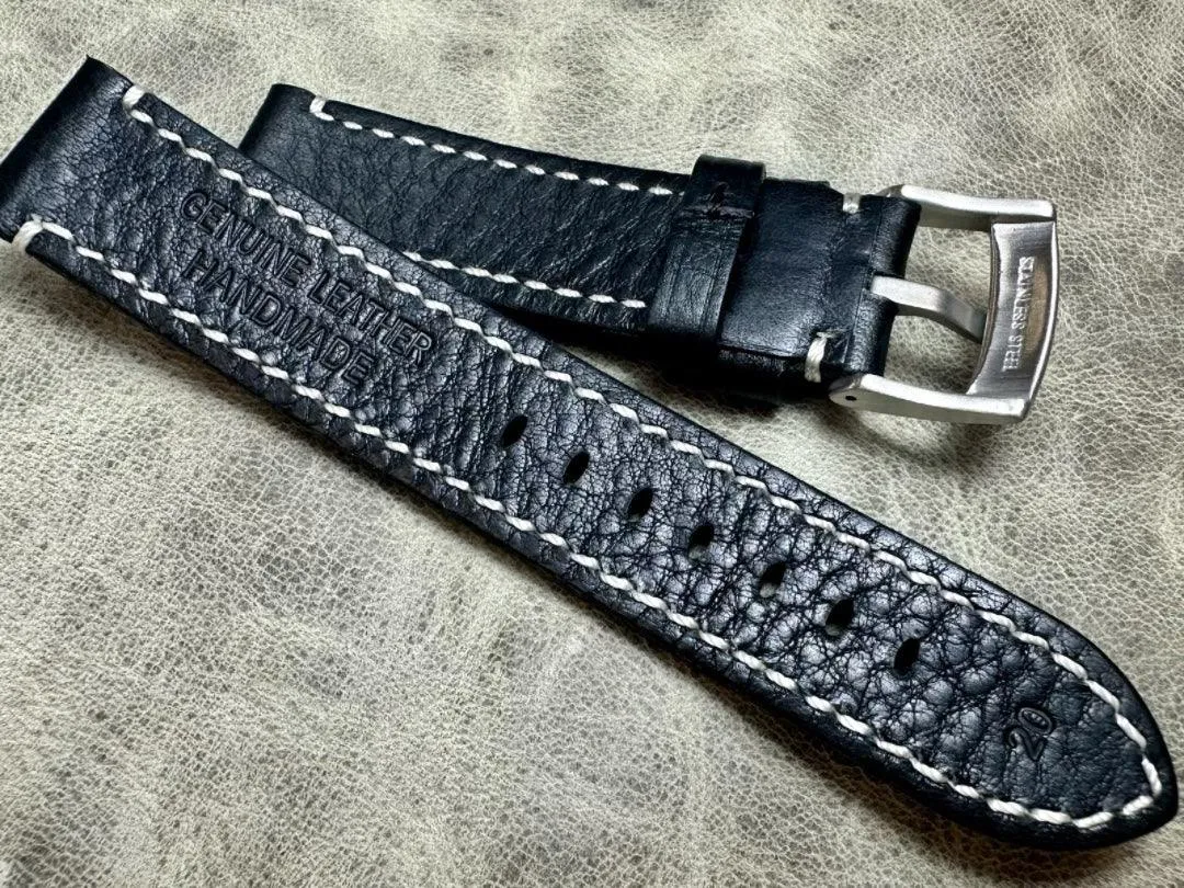 Black Leather Watch Strap and White Stitches Pebbled First Layer Cowhide 20mm 22mm