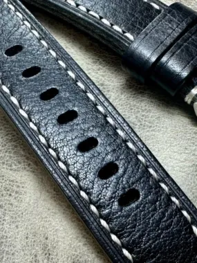 Black Leather Watch Strap and White Stitches Pebbled First Layer Cowhide 20mm 22mm