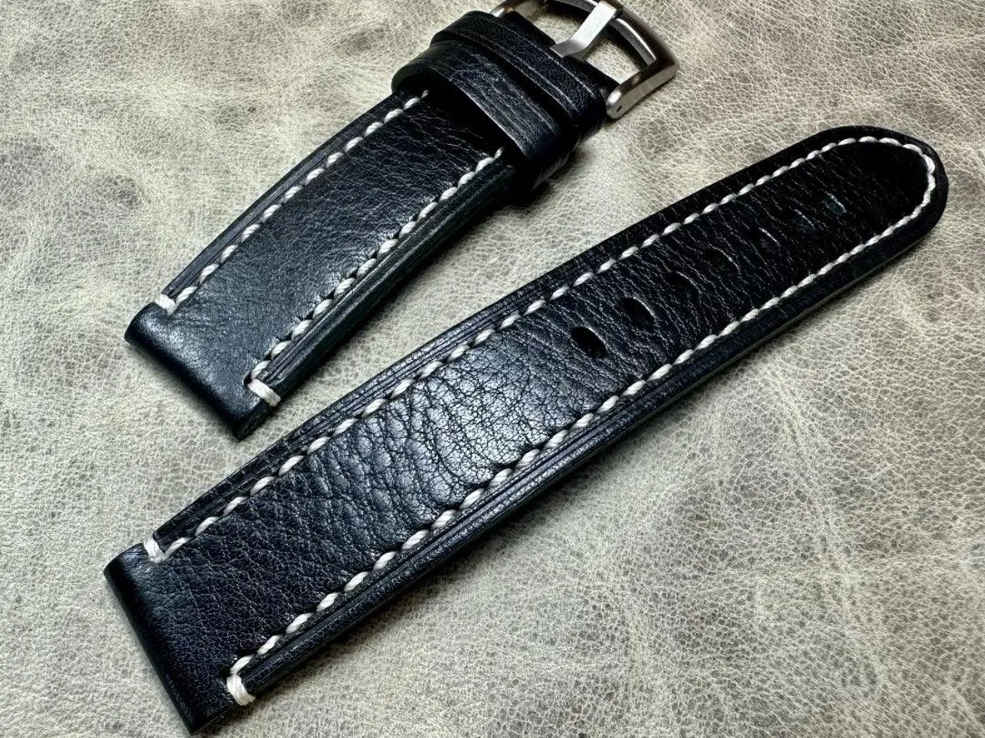 Black Leather Watch Strap and White Stitches Pebbled First Layer Cowhide 20mm 22mm