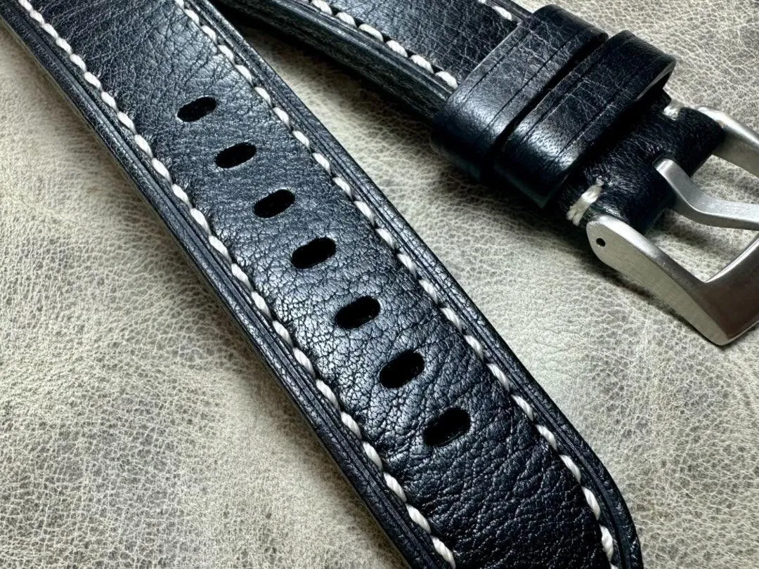 Black Leather Watch Strap and White Stitches Pebbled First Layer Cowhide 20mm 22mm