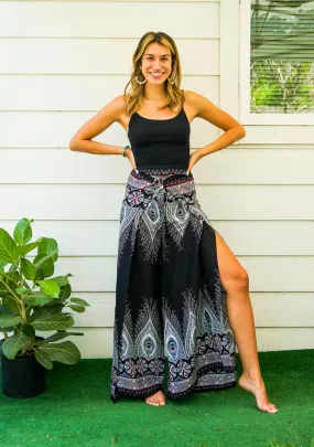 Black Peace Peacock Mandala Palazzo Wrap Pants