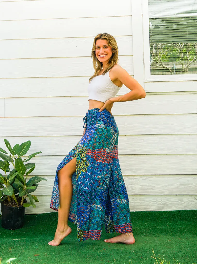 Blue Wild Peacock Palazzo Wrap Pants