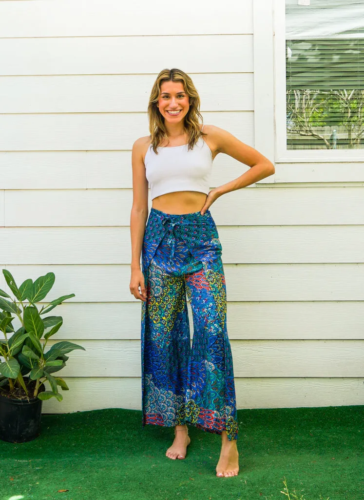 Blue Wild Peacock Palazzo Wrap Pants