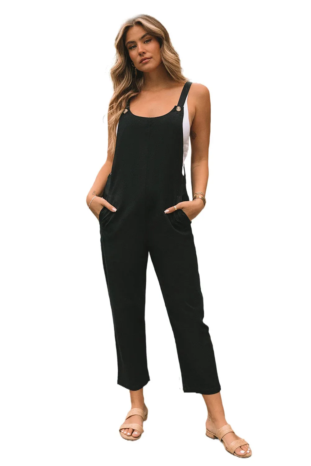 Button Straps Pocketed Cropped Jumpsuit