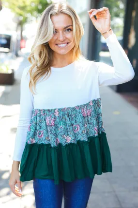 Charming Hunter Green Floral Frill Tiered Color Block Top (Open Pack)