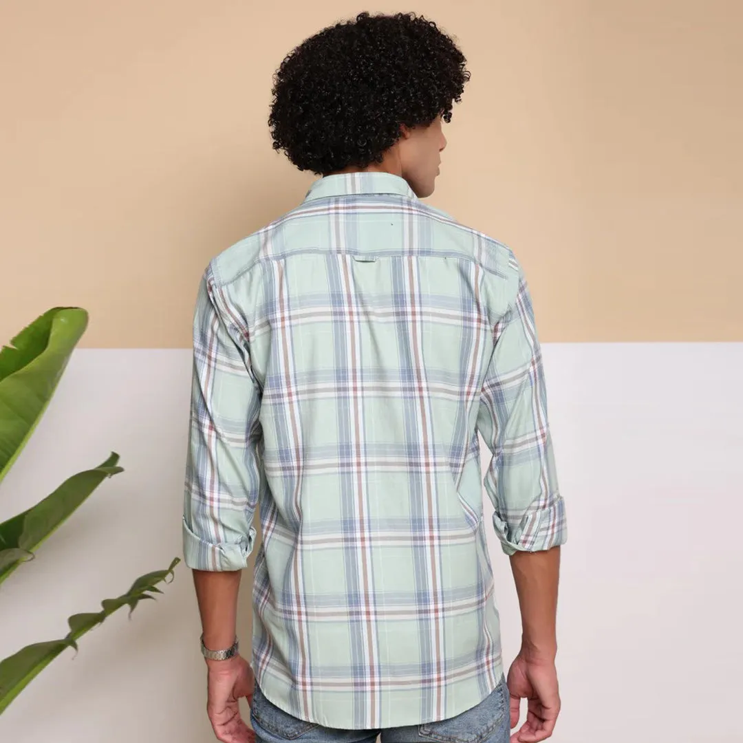 Check Regular Fit Cotton Shirt - Pista