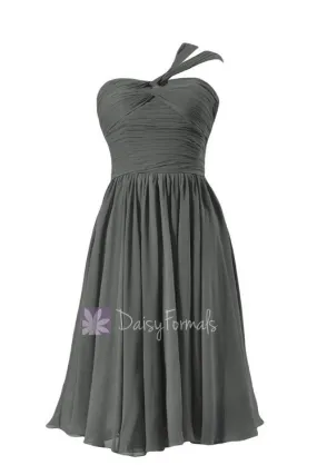 Chic Short Dark Gray Chiffon Party Dress One Shoulder Bridesmaid Dress(BM731S)