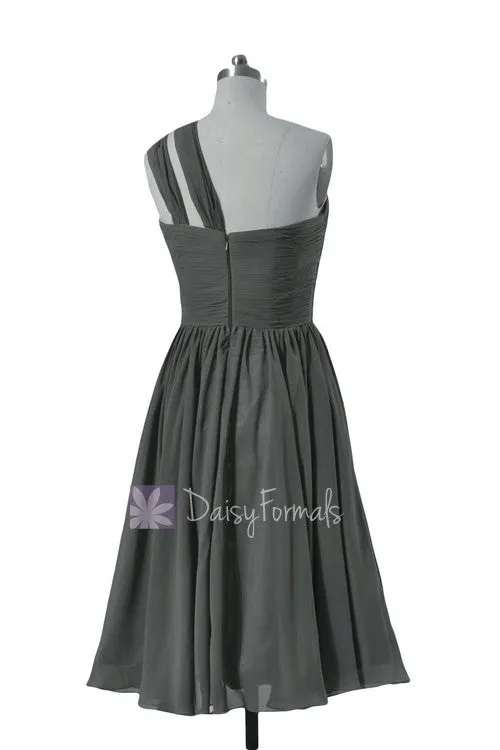 Chic Short Dark Gray Chiffon Party Dress One Shoulder Bridesmaid Dress(BM731S)