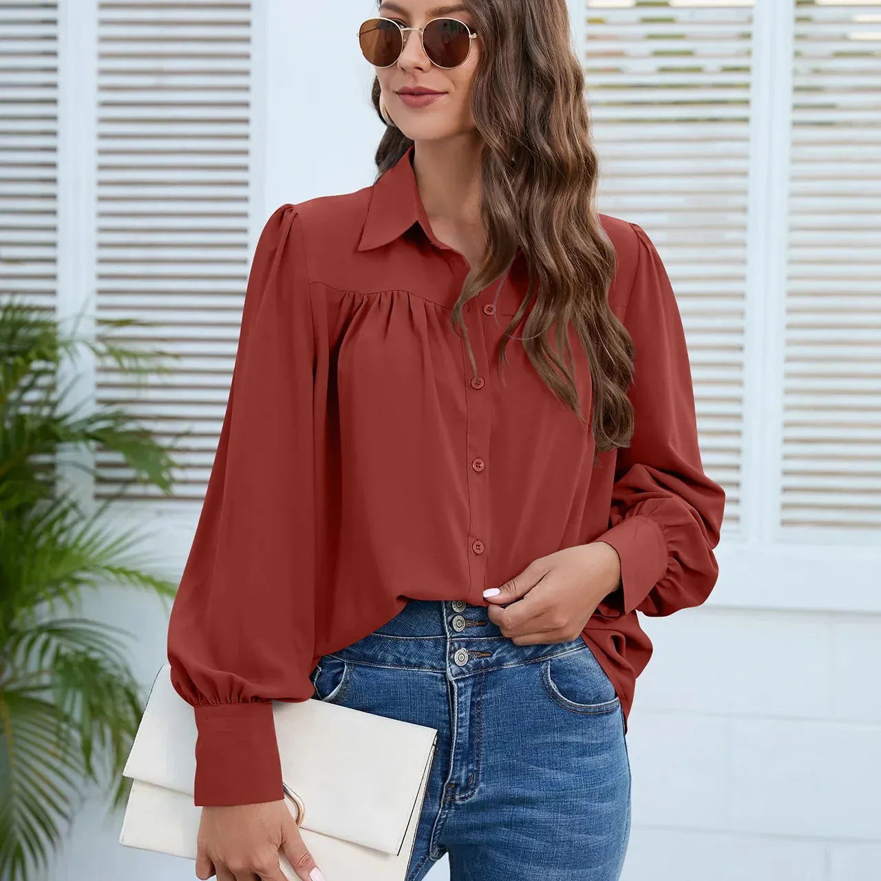 Chiffon Fashion Ruched Long Sleeve Turn Down Collar Office Lady Elegant White Loose Top Blouse