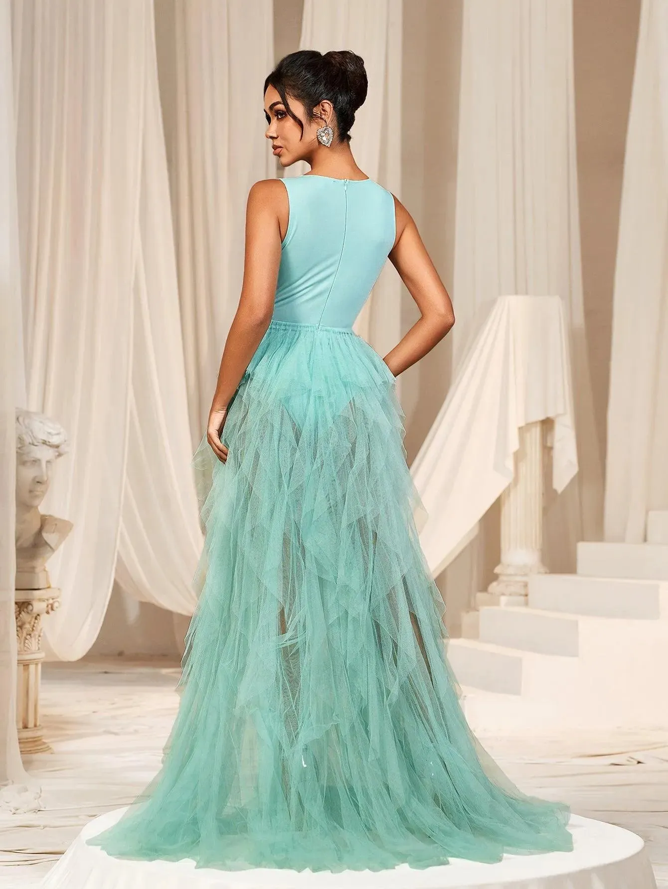 Cut Out Waist Layered Tulle A Line Dress