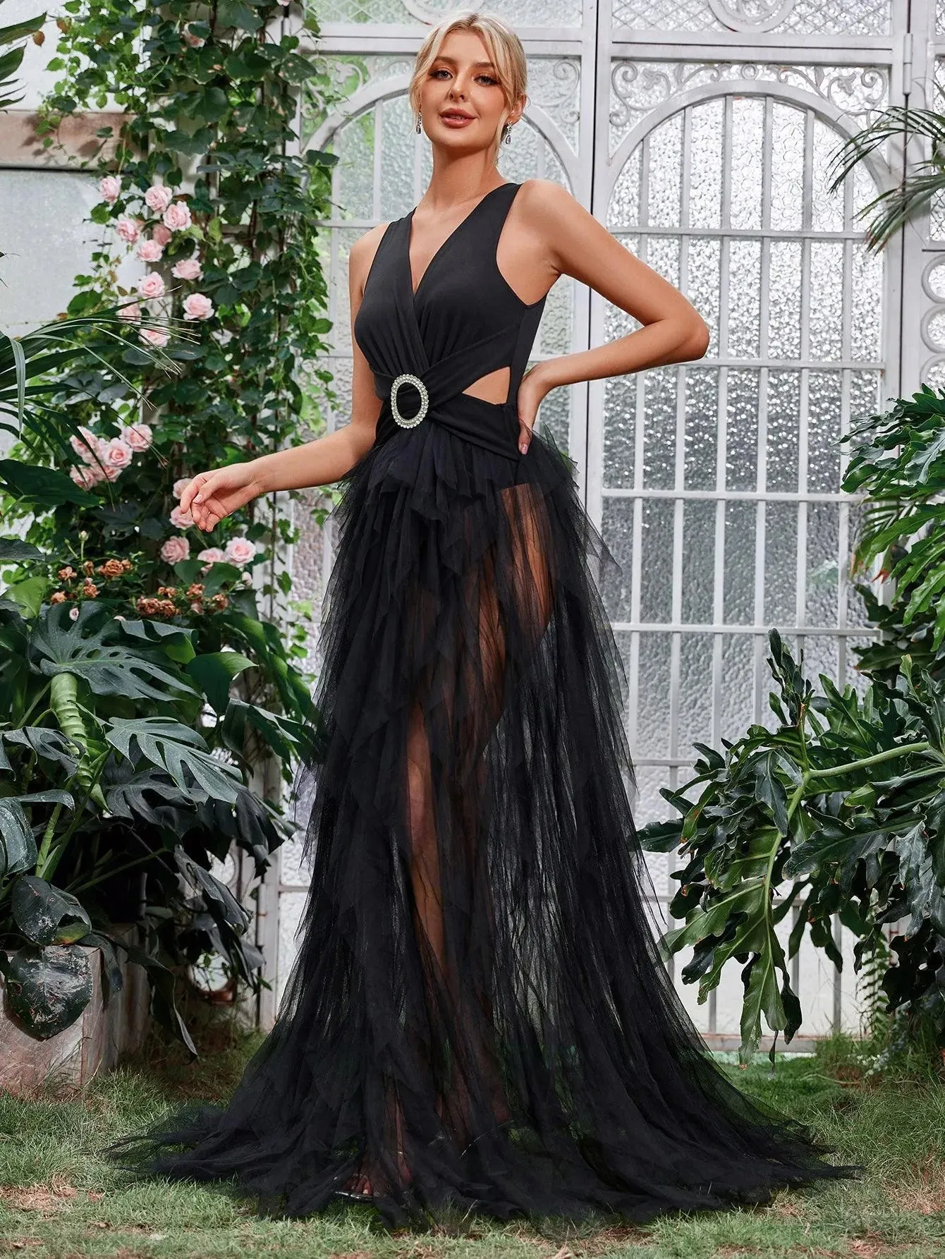 Cut Out Waist Layered Tulle A Line Dress