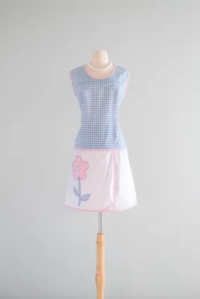 CUTE 1960's Baby Blue & Pink Gingham Daisy Shift Dress & Shorts Set / Sz M