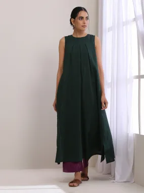 Dark Green Dobby Sleeveless Kurta Pant Set | Relove