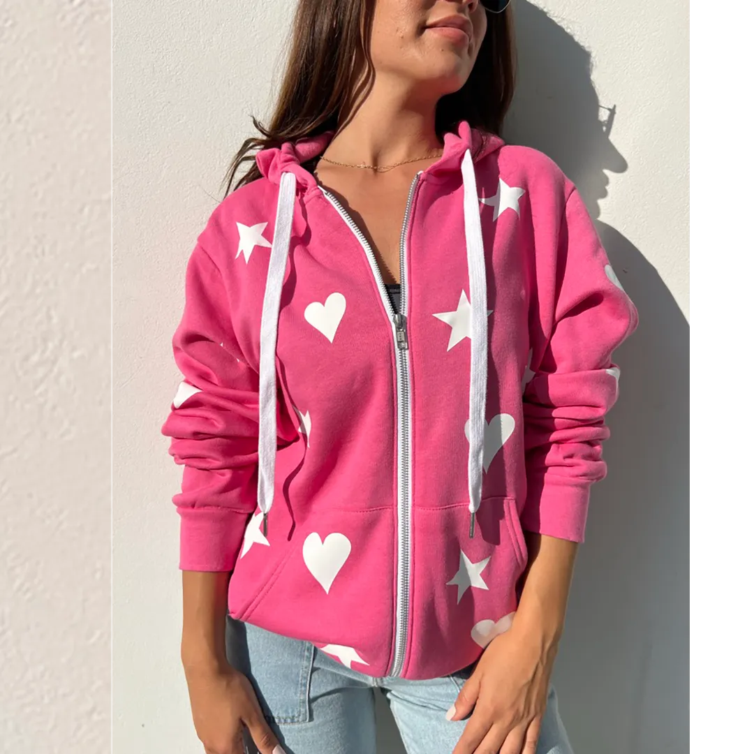 Dotty Pink Zip Up Hoodie - White Stars and Hearts