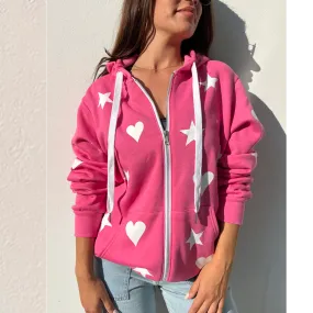 Dotty Pink Zip Up Hoodie - White Stars and Hearts