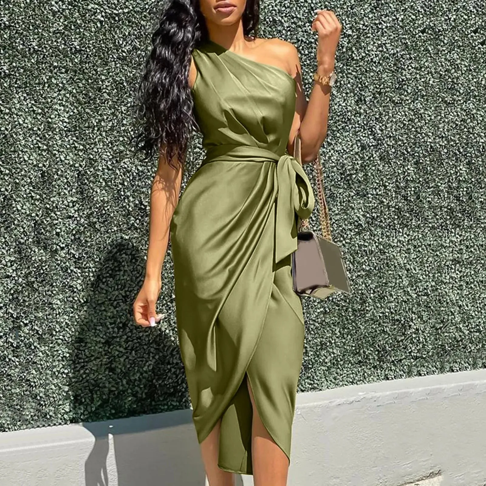 DressBetty - 2024 Sexy Green Asymmetrical One Shoulder Satin Ruched Midi Dress