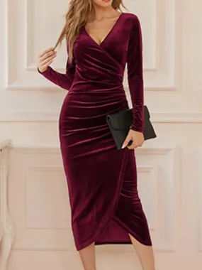 DressBetty - 2024 Sexy Velvet Split Ruched V-neck Midi Bodycon Dress