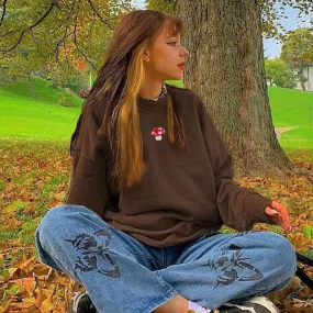 DressBetty - Y2K Aesthetics Mushroom Embroidery Oversized Sweatshirts Vintage Brown Crewneck Long Sleeve Top 2000s Fashion Streetwear