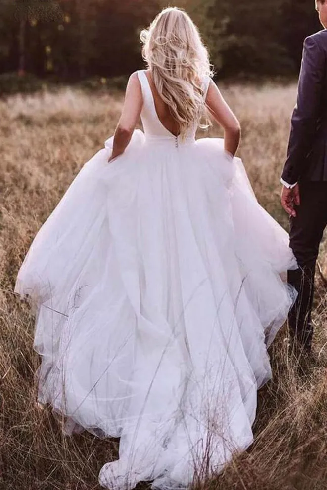 Elegant Round Neck V-back Tulle Ivory Wedding Dresses With Bowknot OW665