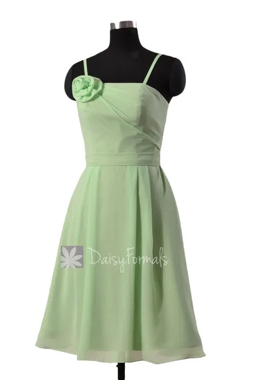 Elegant Sage Green Bridesmaid Formal Short Bridal Party Dress w/ Straps & Flower(BM268)