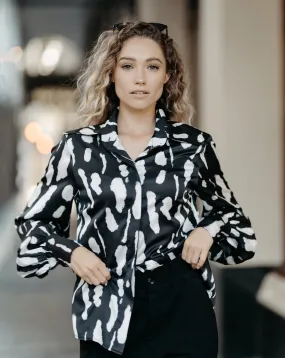 Elle Classic Shirt | Black and White Satin