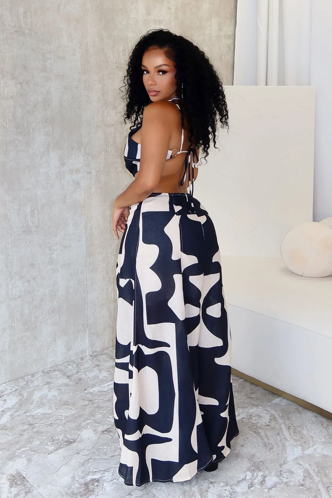 Estelle Linen Abstract Halter O Ring Maxi Dress