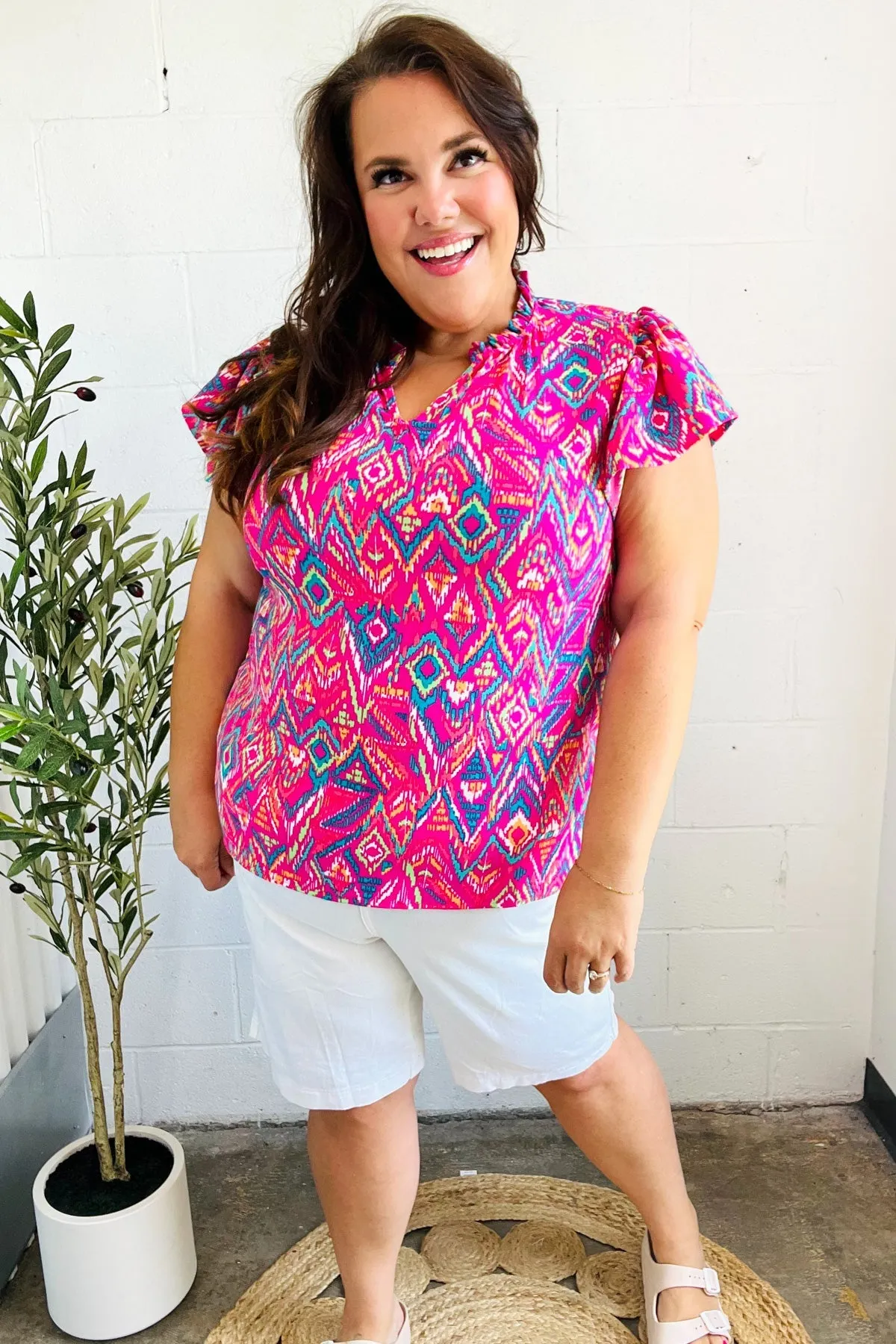 Eyes On You Fuchsia Boho Ikat Print Frill Notch Neck Top (Open Pack)