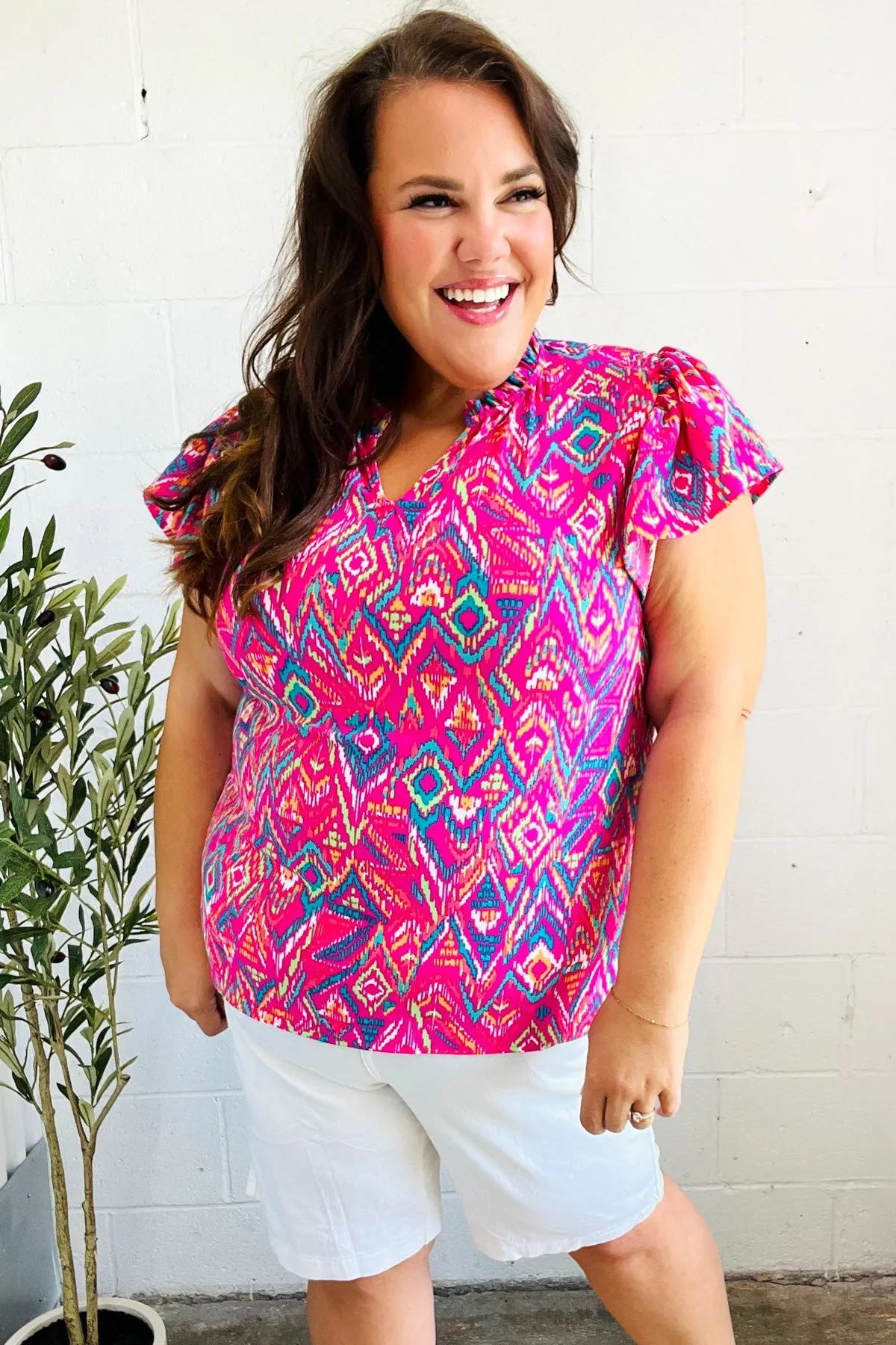 Eyes On You Fuchsia Boho Ikat Print Frill Notch Neck Top (Open Pack)