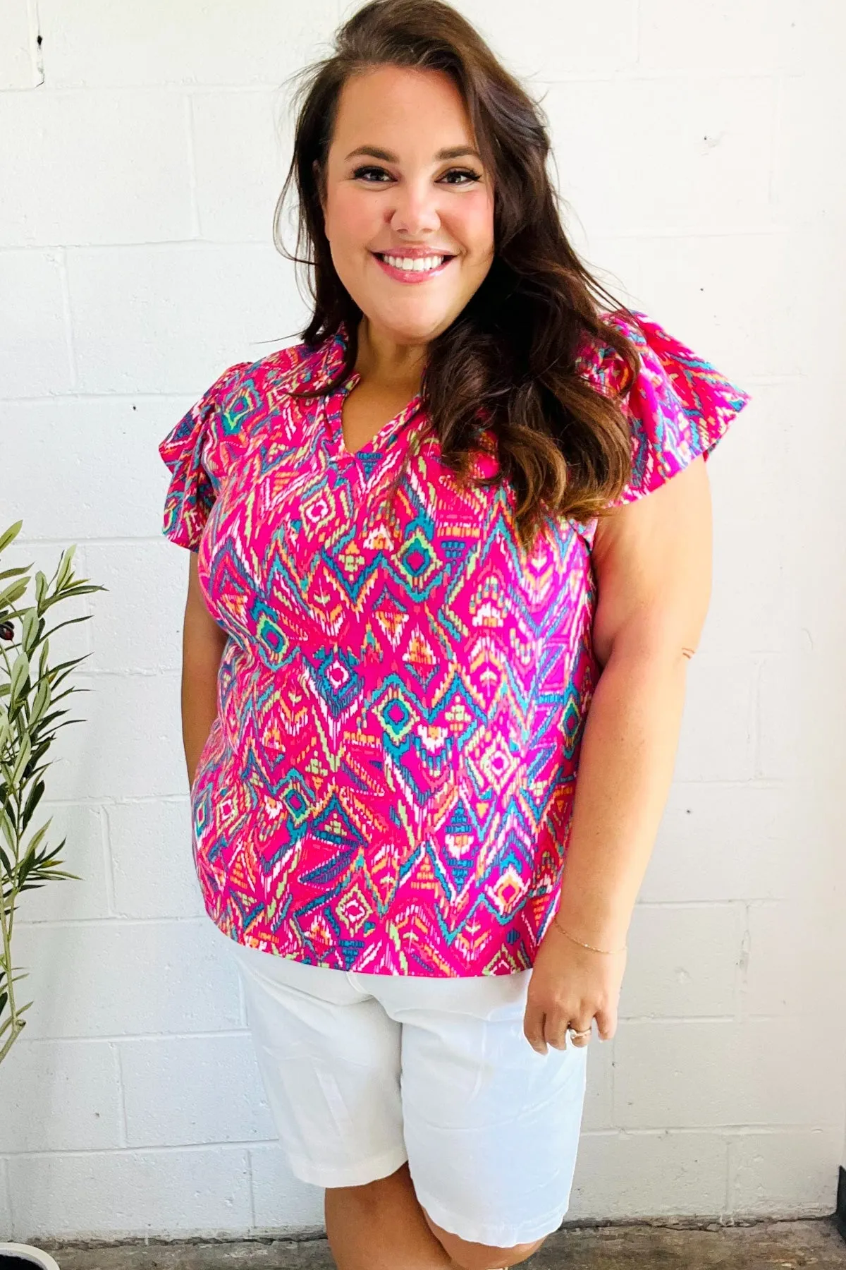 Eyes On You Fuchsia Boho Ikat Print Frill Notch Neck Top (Open Pack)