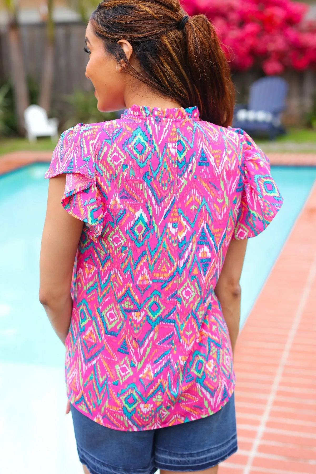 Eyes On You Fuchsia Boho Ikat Print Frill Notch Neck Top (Open Pack)