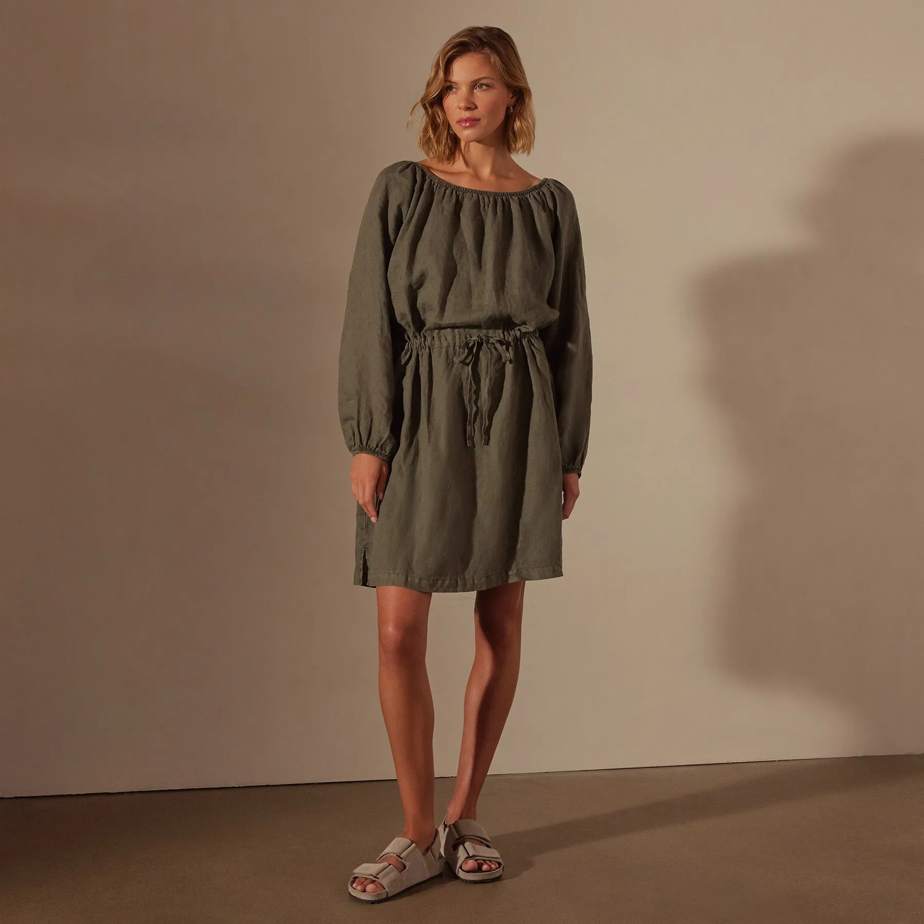 Gathered Linen Dress - Palm Pigment